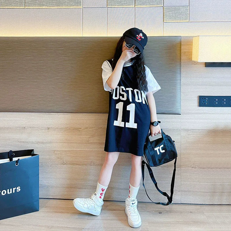 Girls T-shirt Summer Teenagers Short Sleeve Tops Tees Sport Kids School Costume Children Long Clothes 4-12 Years Old
