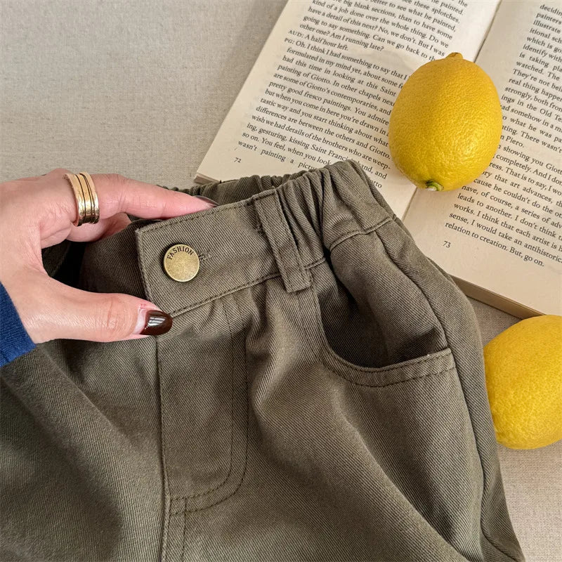 2025 Spring New Children Cargo Pants Cotton Boys Casual Pants Solid Versatile Baby Girls Loose Trousers Kids Wide Leg Pants