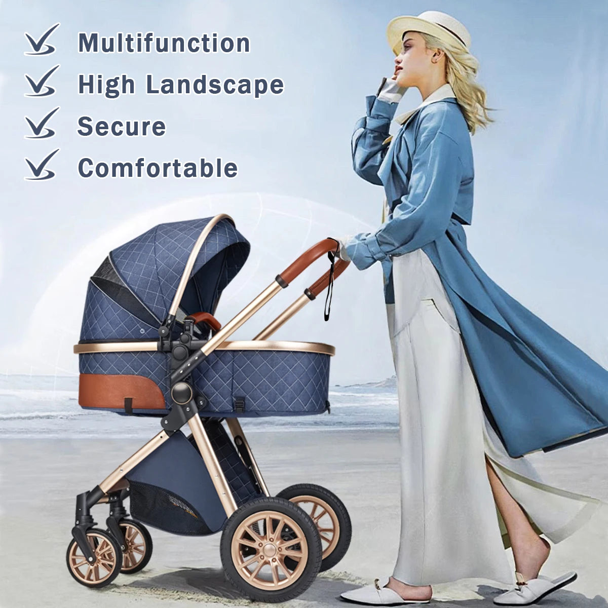 High landscape baby stroller, portable and foldable, a travel trolley that can be pushed in both directions