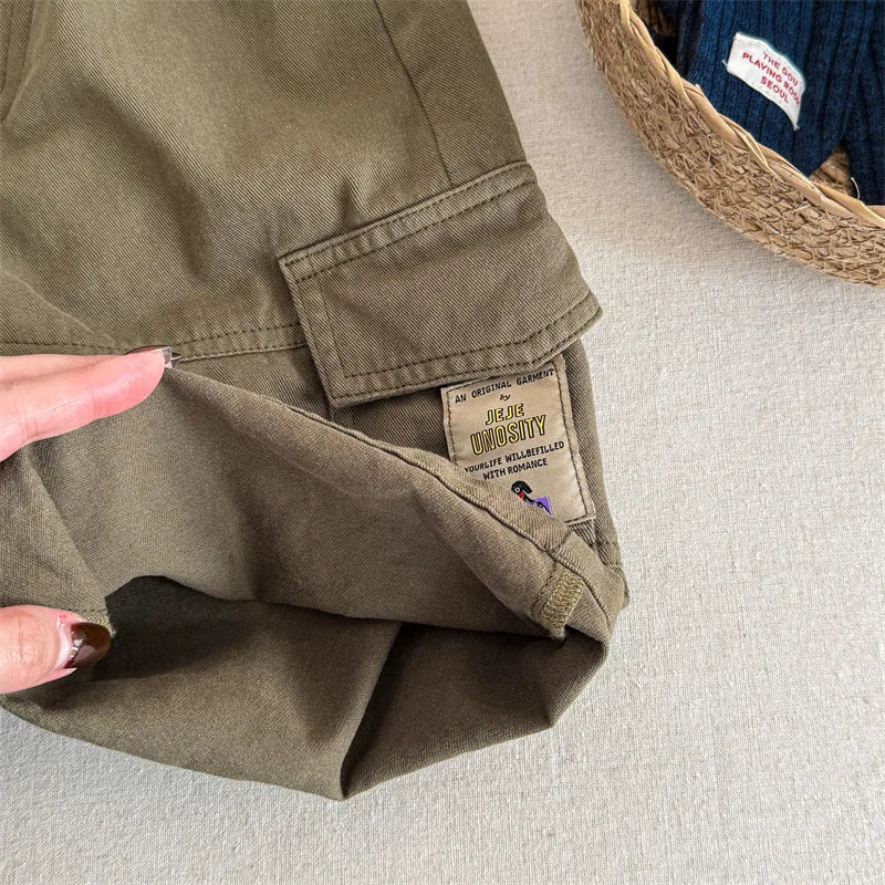 2025 Spring New Children Cargo Pants Cotton Boys Casual Pants Solid Versatile Baby Girls Loose Trousers Kids Wide Leg Pants