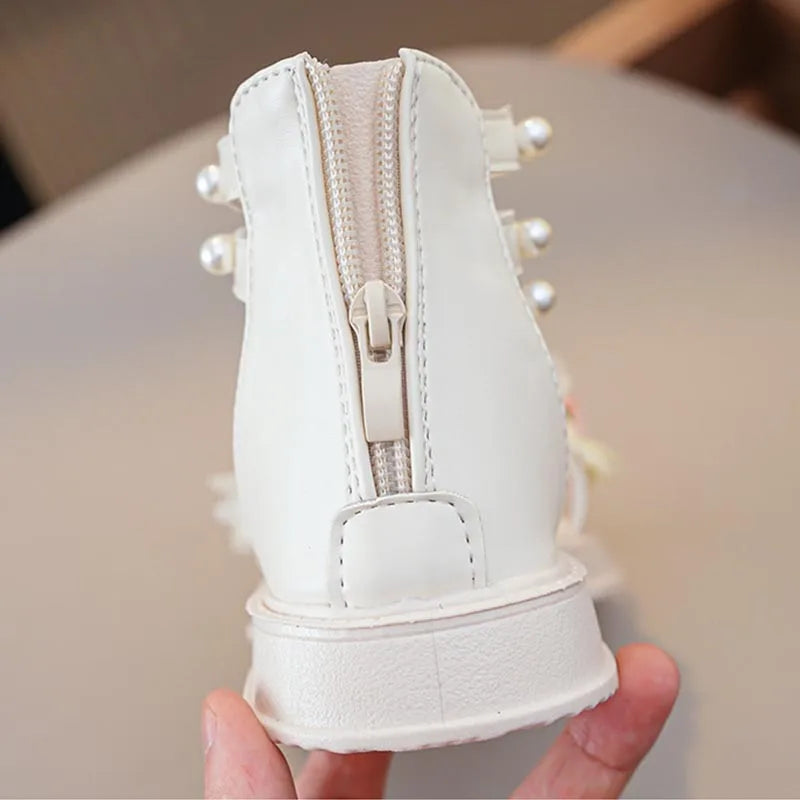 New Girls Summer Sandals Beige Flower Pearls Little Girl Princess Shoes Black Soft Bottom Non-slip Girls Kid Roman Sandals Shoes
