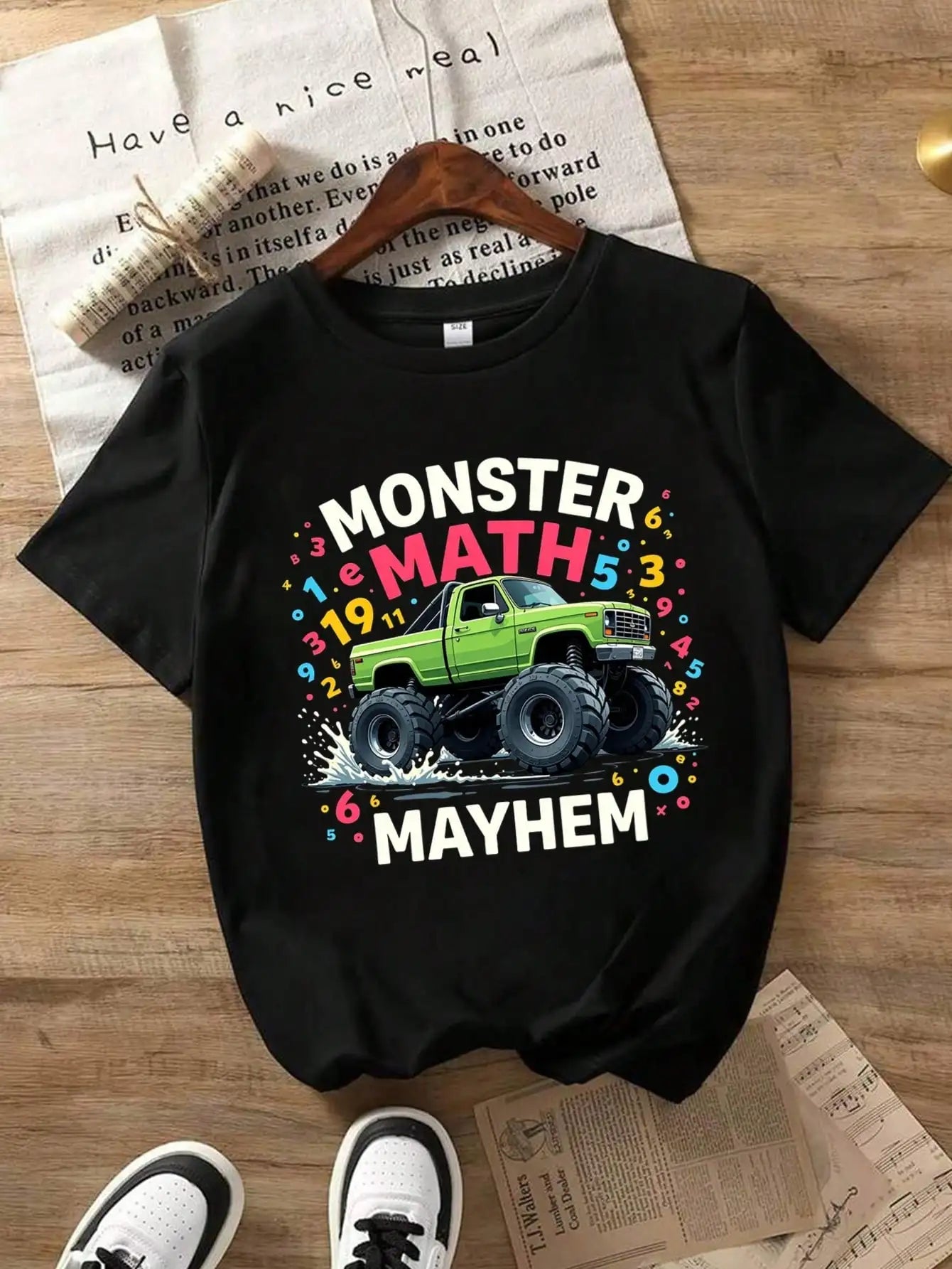 Boys/Girls Monster Truck Math Mayhem Back To School Cotton Graphic Tees, Black Casual With Numerical Monster Truck Design