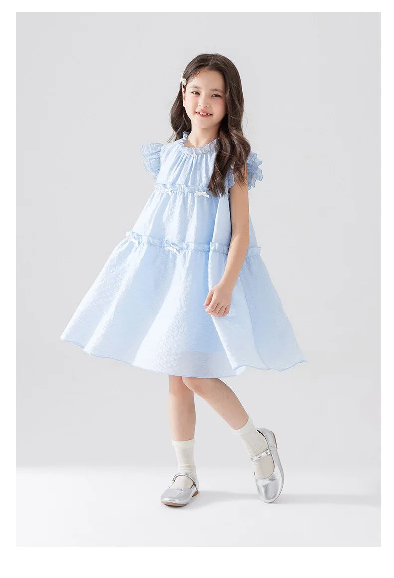 Girls Summer Dress Sweet Flying Sleeve Bow Lace Ruched Kids Girls Princess Dress Thin Cotton Cool Children Girls Dress