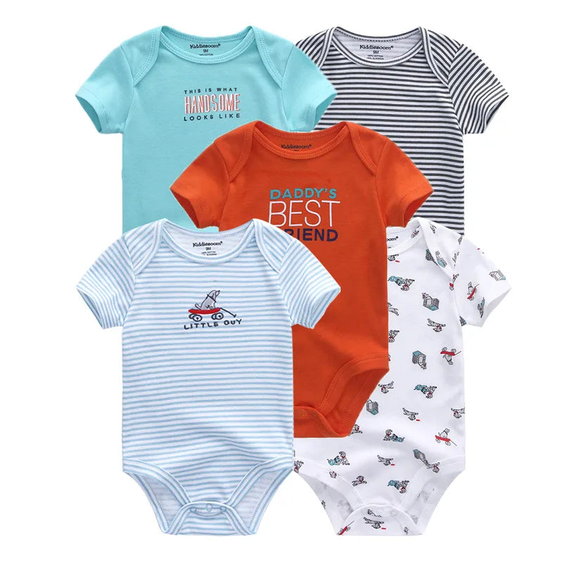 Kiddiezoom 5 Piece Fashion Cartoon Boys and Girls Bodysuits 100% Cotton Soft Newborn Bodysuit Set Summer