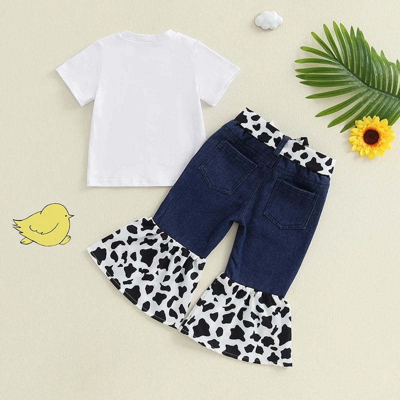 Adorable Baby Girl Farm Clothes Set with Cute Piglet Embroidery Top Denim Patchwork Pants and Matching Headband - 3 Piece