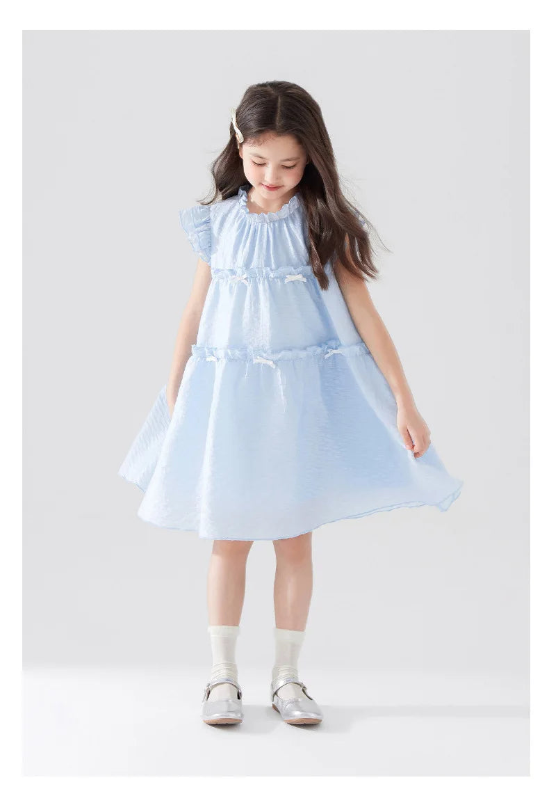 Girls Summer Dress Sweet Flying Sleeve Bow Lace Ruched Kids Girls Princess Dress Thin Cotton Cool Children Girls Dress