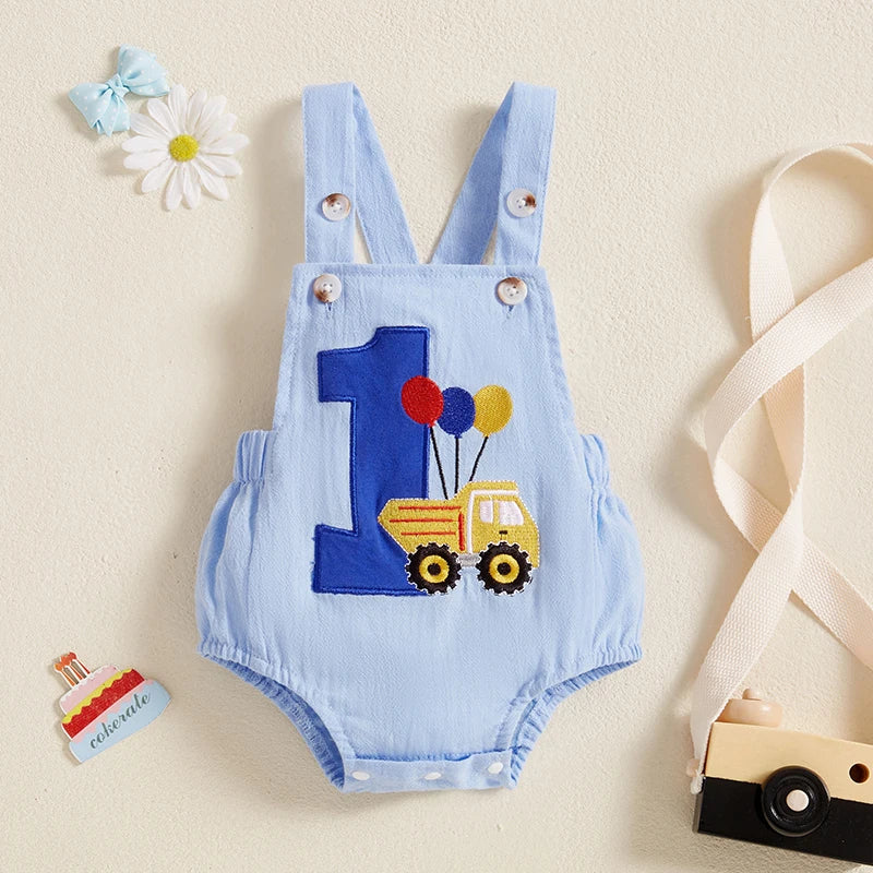Infant 1st Birthday Denim Jumpsuit with Number Embroidery and Sleeveless Design Square Neck Baby Romper Bodysuit