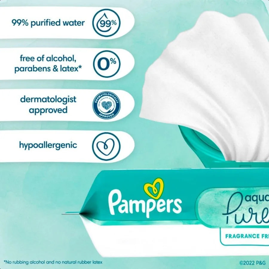 Pampers Baby Wipes Aqua Pure 99 waterbased wipes Hypoallergenic and Unscented Baby Wipes 672 Wipes Total 12 FlipTop Packs