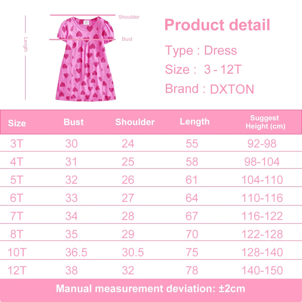 DXTON Short Sleeve Girls Clothing Children Summer Dresses Heart Print School Kids Daily Dress Toddler Vacation Costumes
