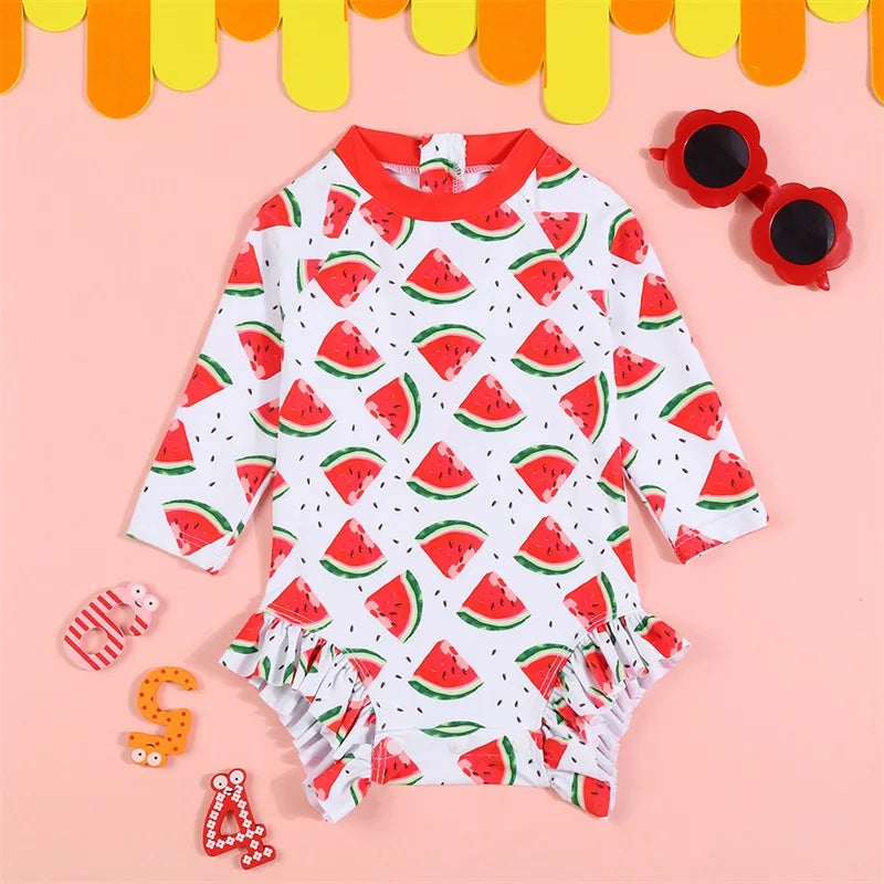 Toddler Girls Swimsuit with UPF 50 Sun Protection Watermelon Print Zipper Front Long Sleeve Rash Guard Swimwear for