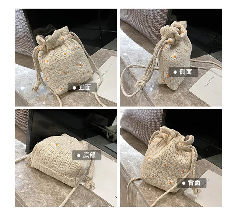 Straw Weave Bucket Bags Rattan Women Summer Beach Shoulder Bags Handbags Totes Casual Handbags Retro Mini Shoulder Messenger Bag