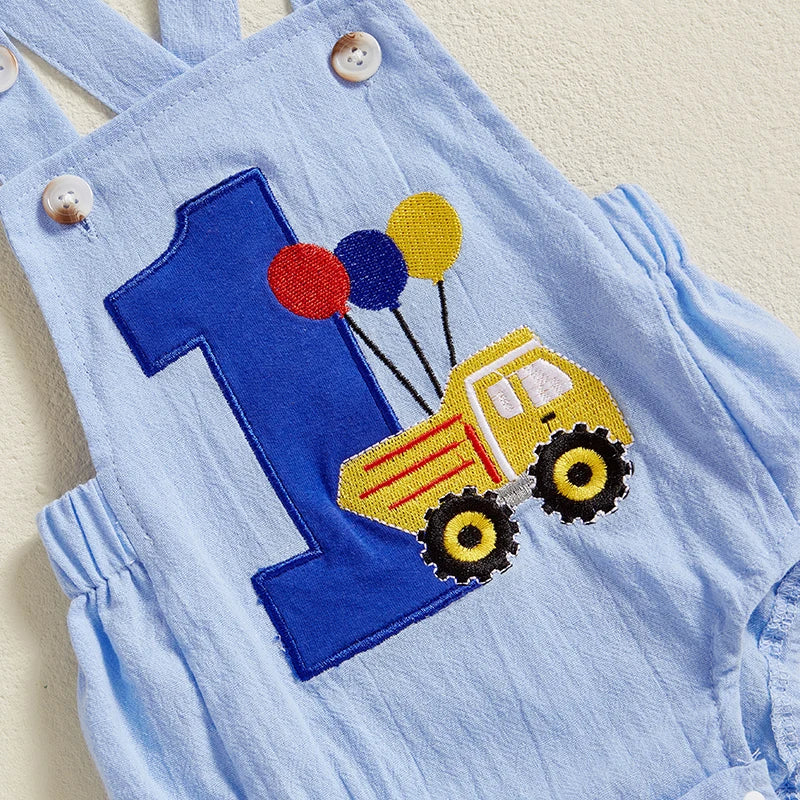 Infant 1st Birthday Denim Jumpsuit with Number Embroidery and Sleeveless Design Square Neck Baby Romper Bodysuit
