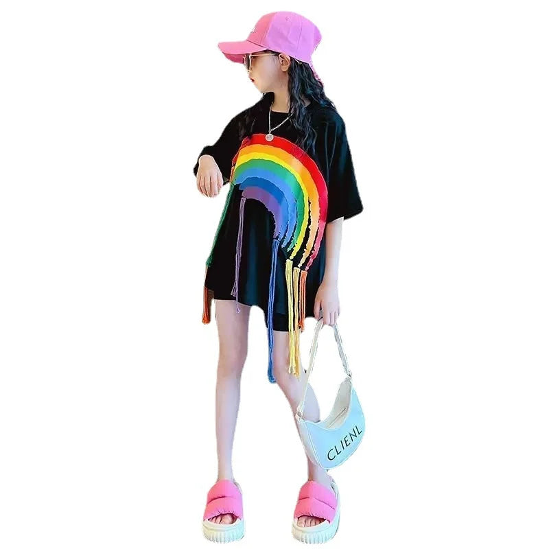 Girls T-shirt Summer Teenagers Short Sleeve Tops Tees Sport Kids School Costume Children Long Clothes 4-12 Years Old