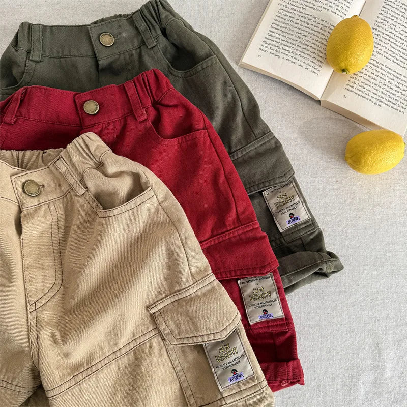 2025 Spring New Children Cargo Pants Cotton Boys Casual Pants Solid Versatile Baby Girls Loose Trousers Kids Wide Leg Pants