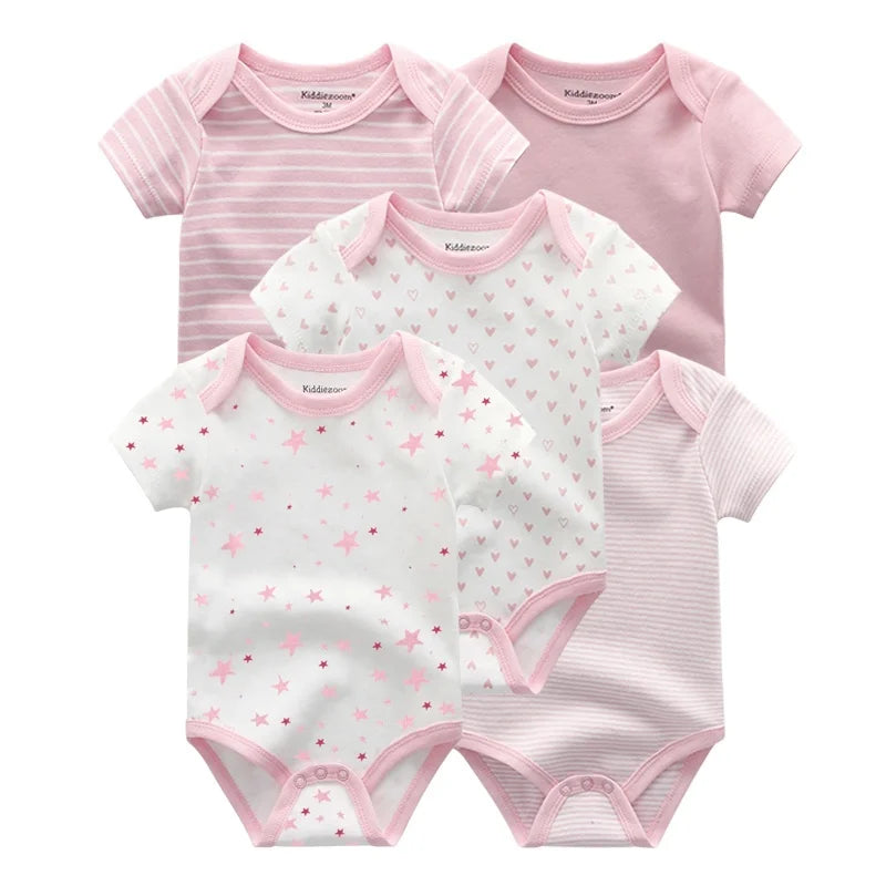 Kiddiezoom 5 Piece Fashion Cartoon Boys and Girls Bodysuits 100% Cotton Soft Newborn Bodysuit Set Summer