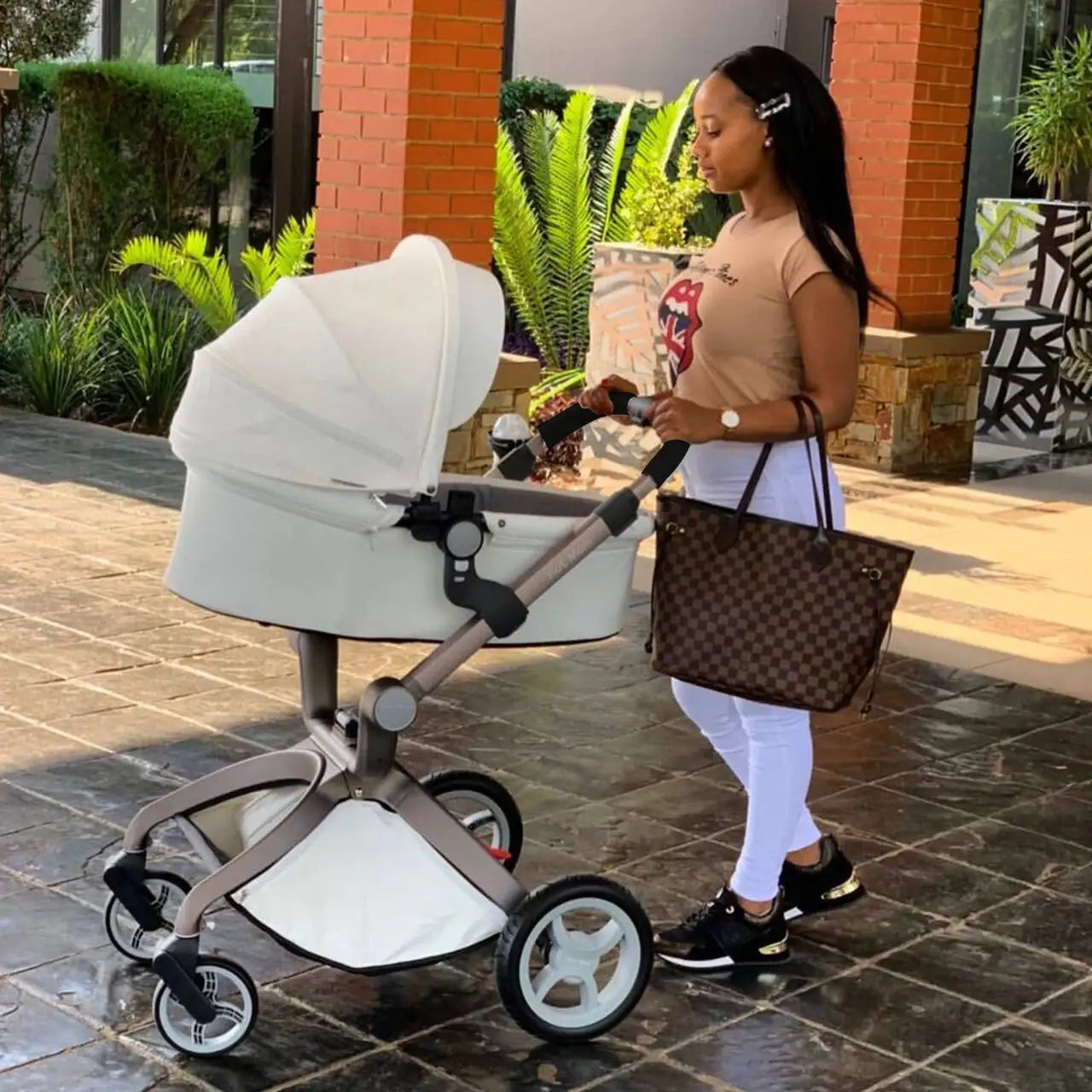 Baby Stroller High Landscape Convertible Infant Stroller Adjustable Canopy & Backrest Storage Basket Foot Cover