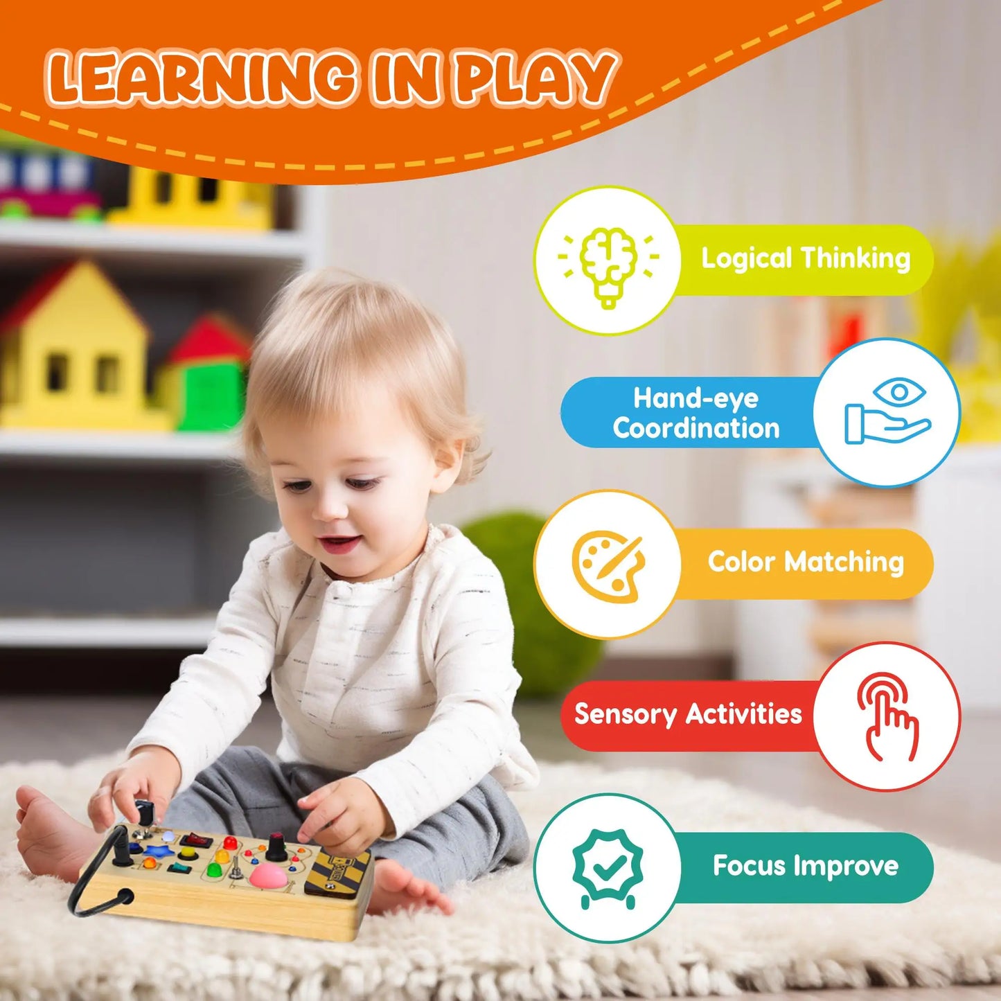 Montessori Busy Board, Wooden Sensory Toy, Immersive Multi-Functional Experience for Boys and Girls