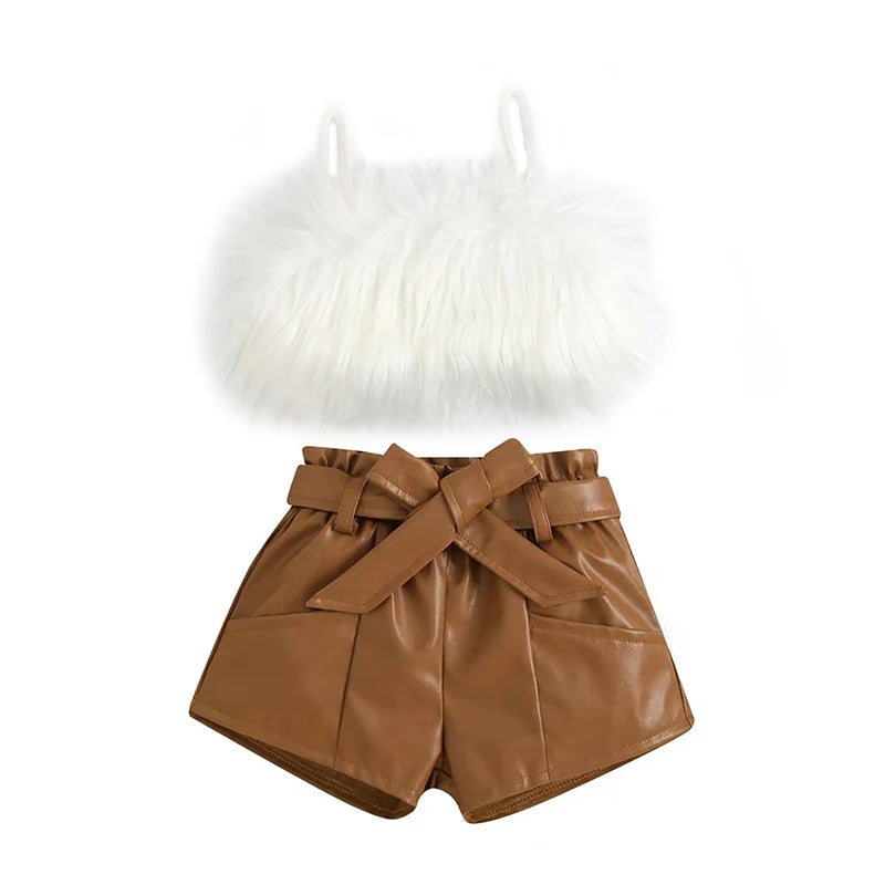 Listenwind 2-7Y Kids Children Girls Clothes Set Vest Tops Pu Leather Bow Shorts Summer Outfits