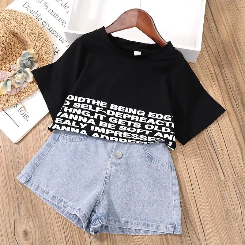 Kids Girls short Clothes Set Summer cotton Crop Tops T-shirt+Denim shorts 2pcs teens Girl Outfits Baby Girls Clothing 4 5 7 10 1