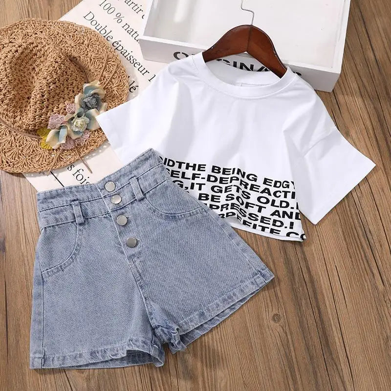 Kids Girls short Clothes Set Summer cotton Crop Tops T-shirt+Denim shorts 2pcs teens Girl Outfits Baby Girls Clothing 4 5 7 10 1