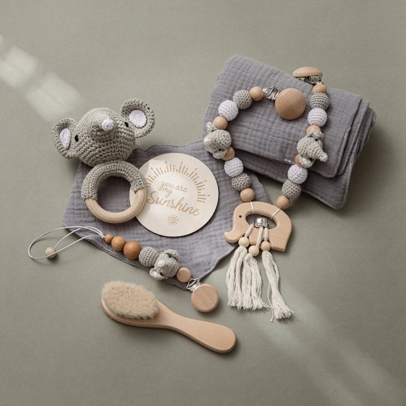 Newborn Bath Toy Set Double Sided Cotton Blanket Crochet Rattle Stroller Toys Animal Teething Bracelet Baby Birth Gift Product
