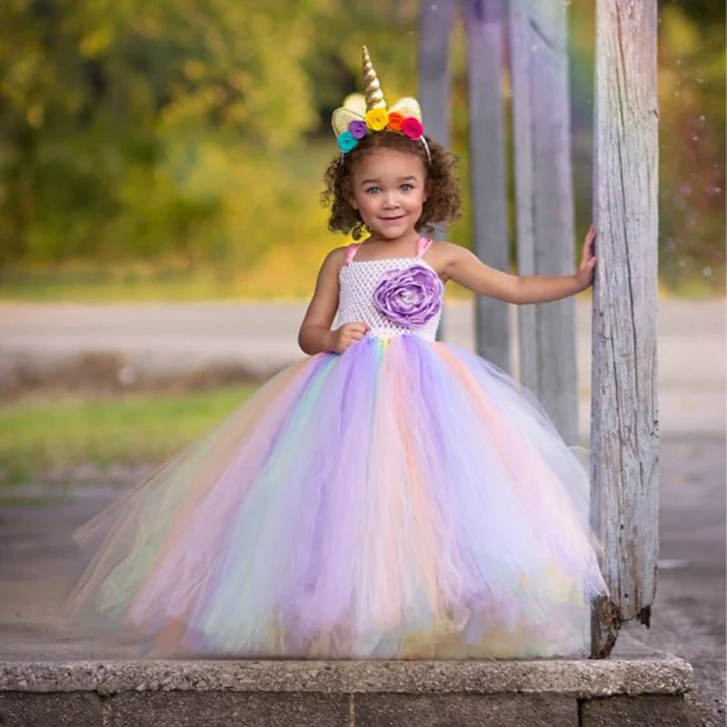 Girls Unicorn Flower Dress Kids Pastel Tutu Dress Crochet Tulle Dresses with Hairbow Set Ball Gown Children Party Costumes Dress