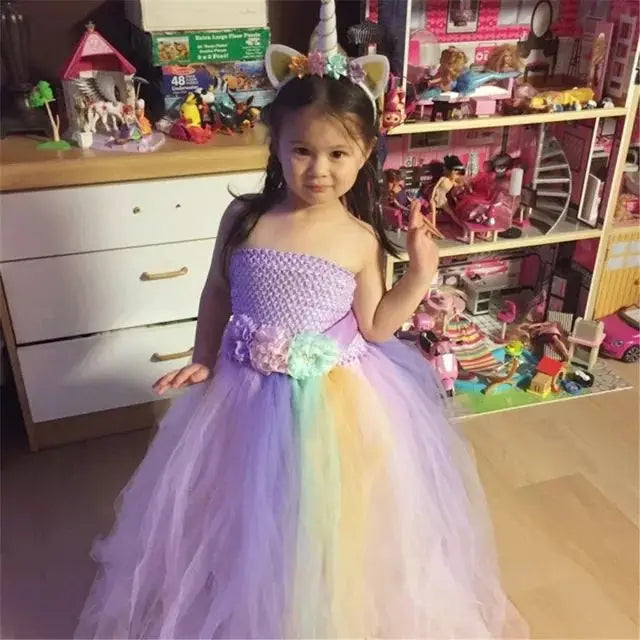 Girls Unicorn Flower Dress Kids Pastel Tutu Dress Crochet Tulle Dresses with Hairbow Set Ball Gown Children Party Costumes Dress