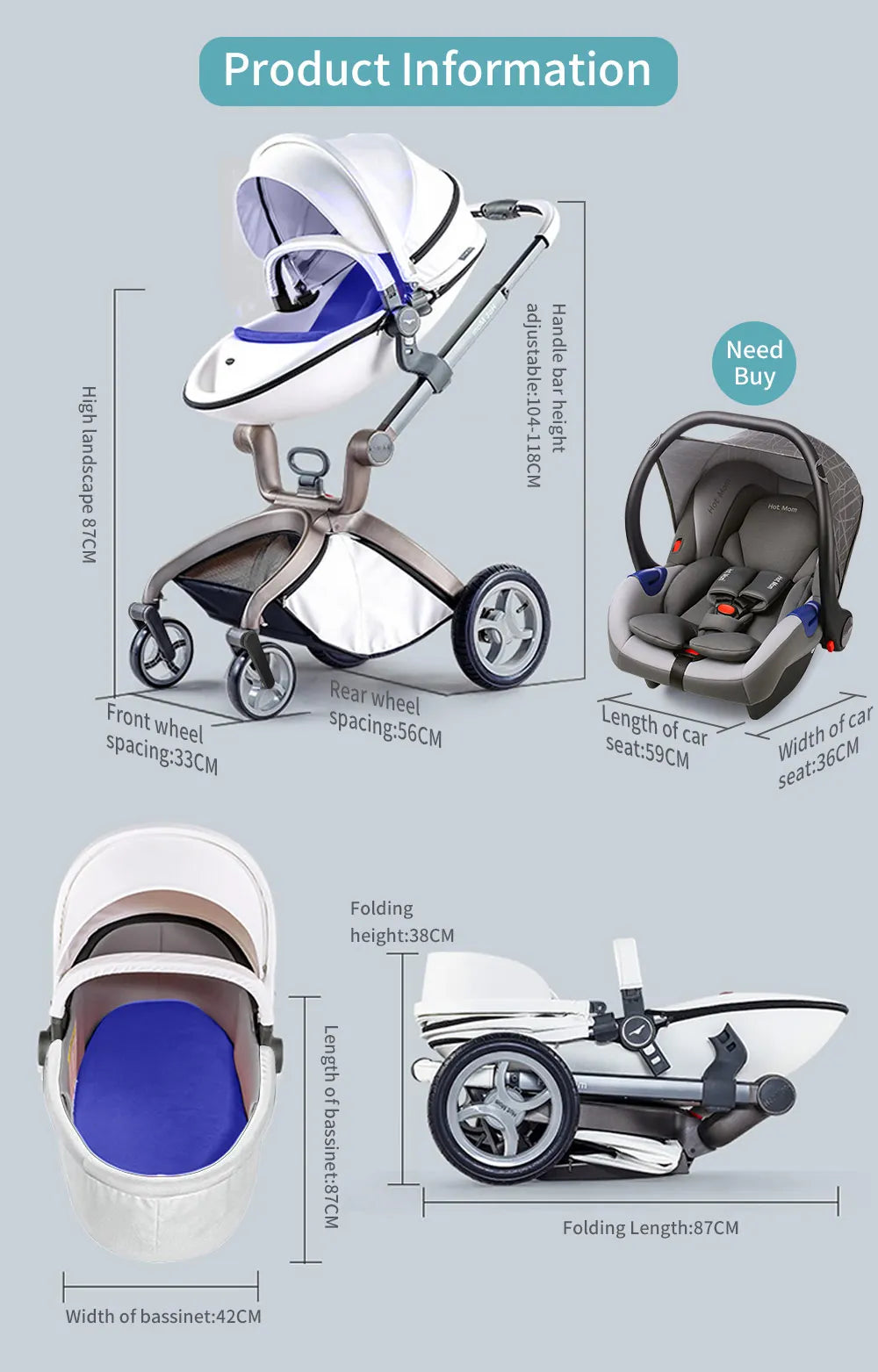 Hot Mom F22 baby stroller 3in1 ,adjustable seat,aluminum frame,solid rubber tires,rain cover,mosquito net,large storage basket
