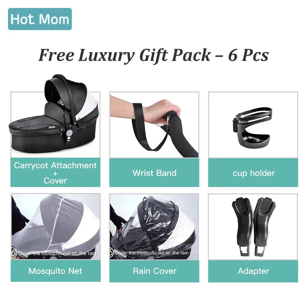 Hot Mom F22 baby stroller 3in1 ,adjustable seat,aluminum frame,solid rubber tires,rain cover,mosquito net,large storage basket