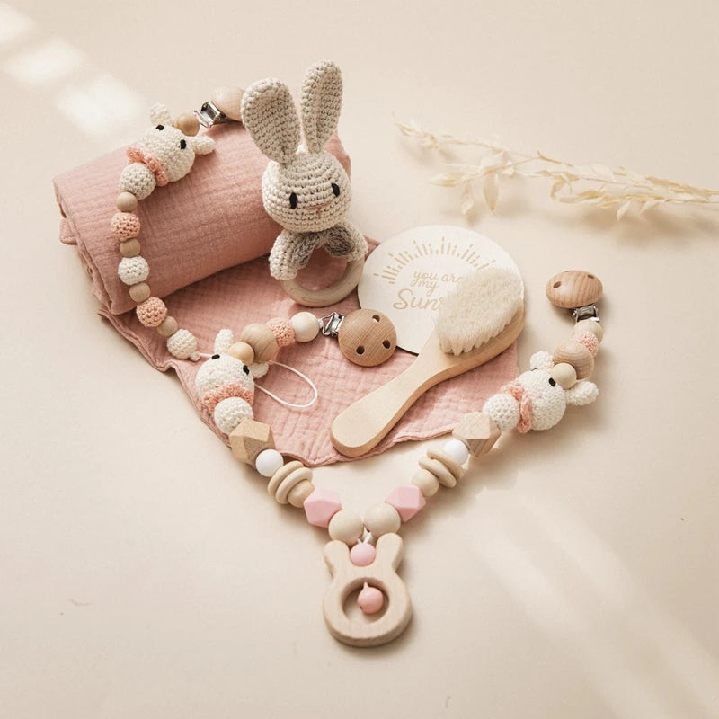 Newborn Bath Toy Set Double Sided Cotton Blanket Crochet Rattle Stroller Toys Animal Teething Bracelet Baby Birth Gift Product