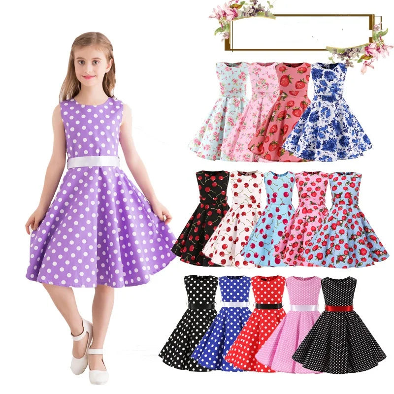 Summer Girls Dress Elegant Vintage Cotton Retro Princess Dress Party Costume Kids Clothes Polka Dot Girl Dress Children Clothing