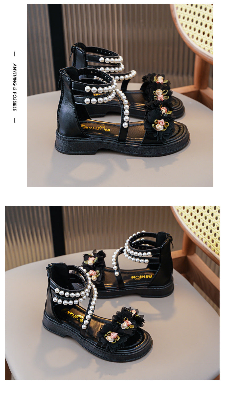 New Girls Summer Sandals Beige Flower Pearls Little Girl Princess Shoes Black Soft Bottom Non-slip Girls Kid Roman Sandals Shoes