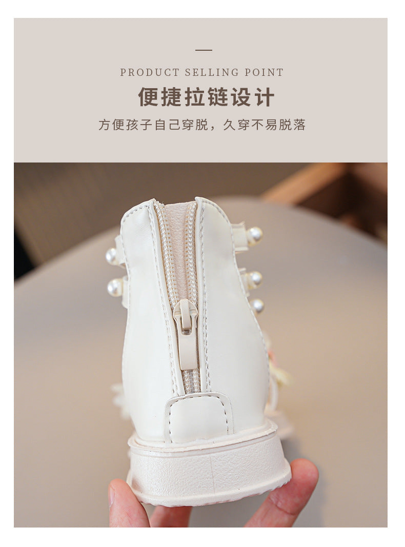 New Girls Summer Sandals Beige Flower Pearls Little Girl Princess Shoes Black Soft Bottom Non-slip Girls Kid Roman Sandals Shoes