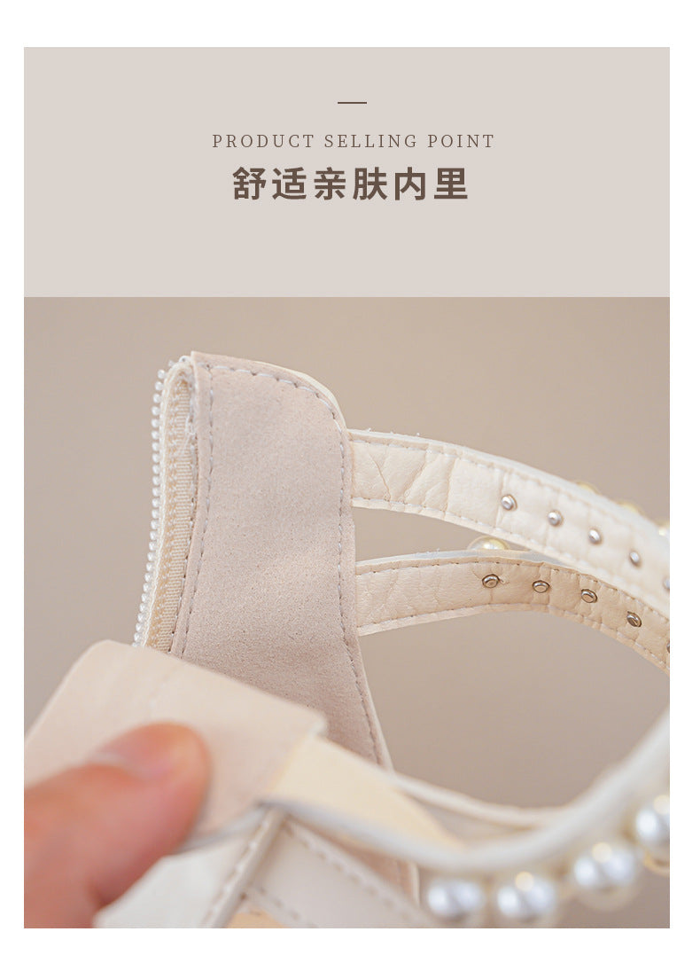 New Girls Summer Sandals Beige Flower Pearls Little Girl Princess Shoes Black Soft Bottom Non-slip Girls Kid Roman Sandals Shoes
