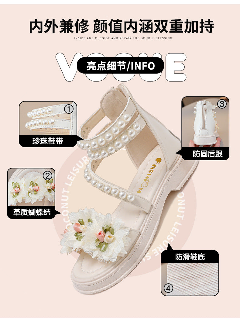New Girls Summer Sandals Beige Flower Pearls Little Girl Princess Shoes Black Soft Bottom Non-slip Girls Kid Roman Sandals Shoes