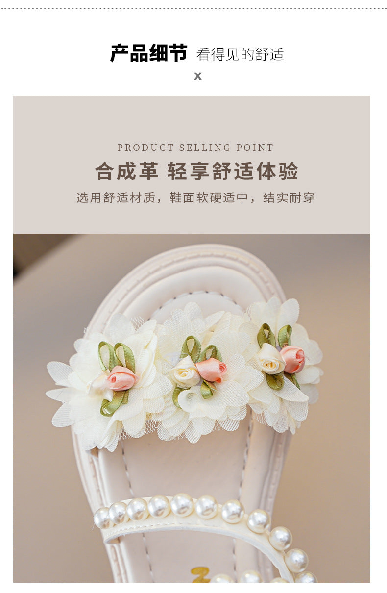 New Girls Summer Sandals Beige Flower Pearls Little Girl Princess Shoes Black Soft Bottom Non-slip Girls Kid Roman Sandals Shoes