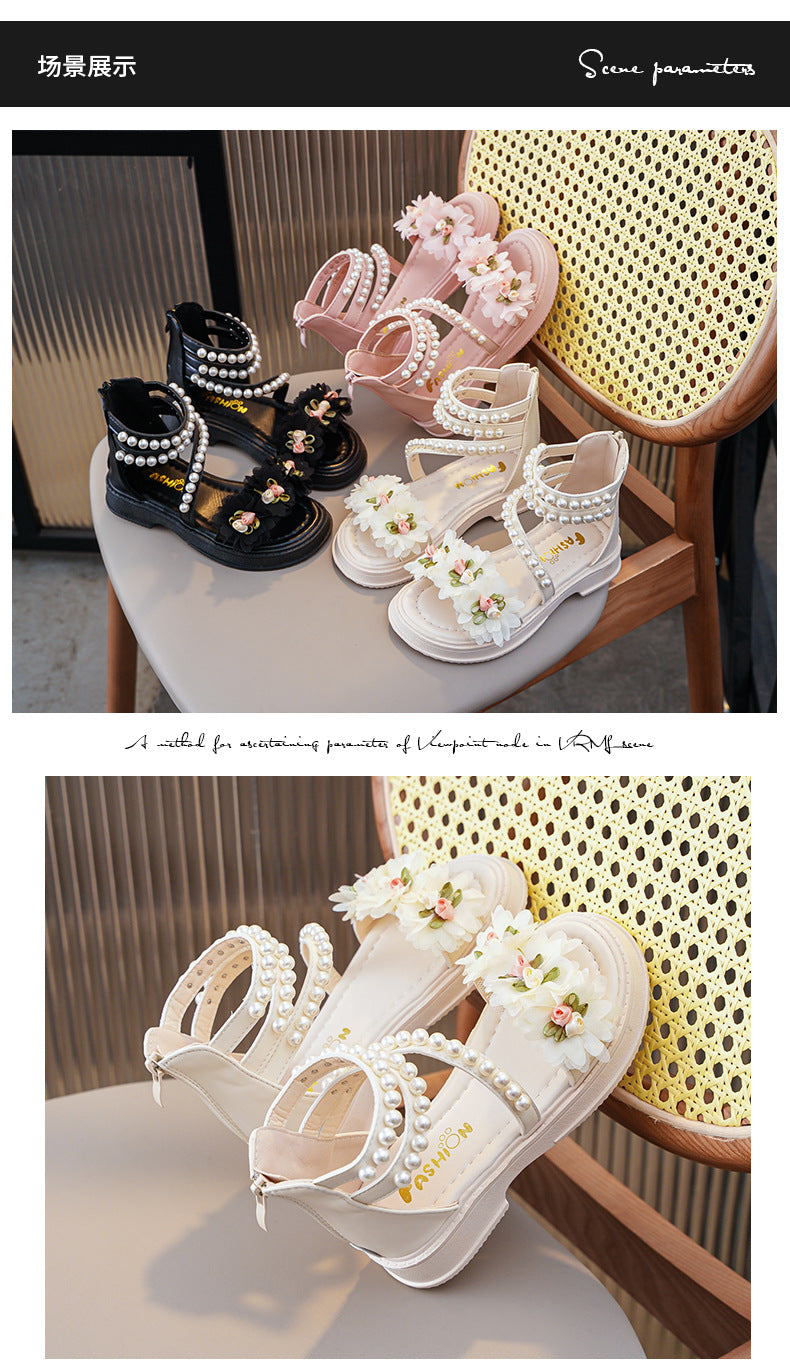 New Girls Summer Sandals Beige Flower Pearls Little Girl Princess Shoes Black Soft Bottom Non-slip Girls Kid Roman Sandals Shoes