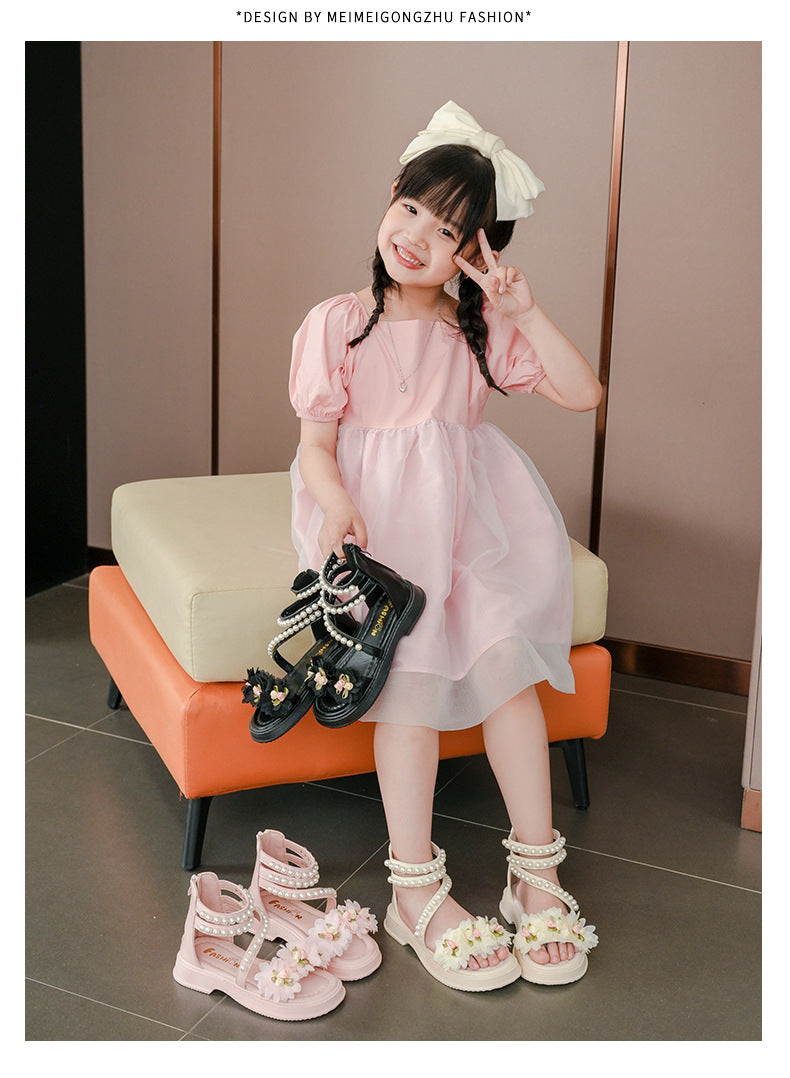 New Girls Summer Sandals Beige Flower Pearls Little Girl Princess Shoes Black Soft Bottom Non-slip Girls Kid Roman Sandals Shoes