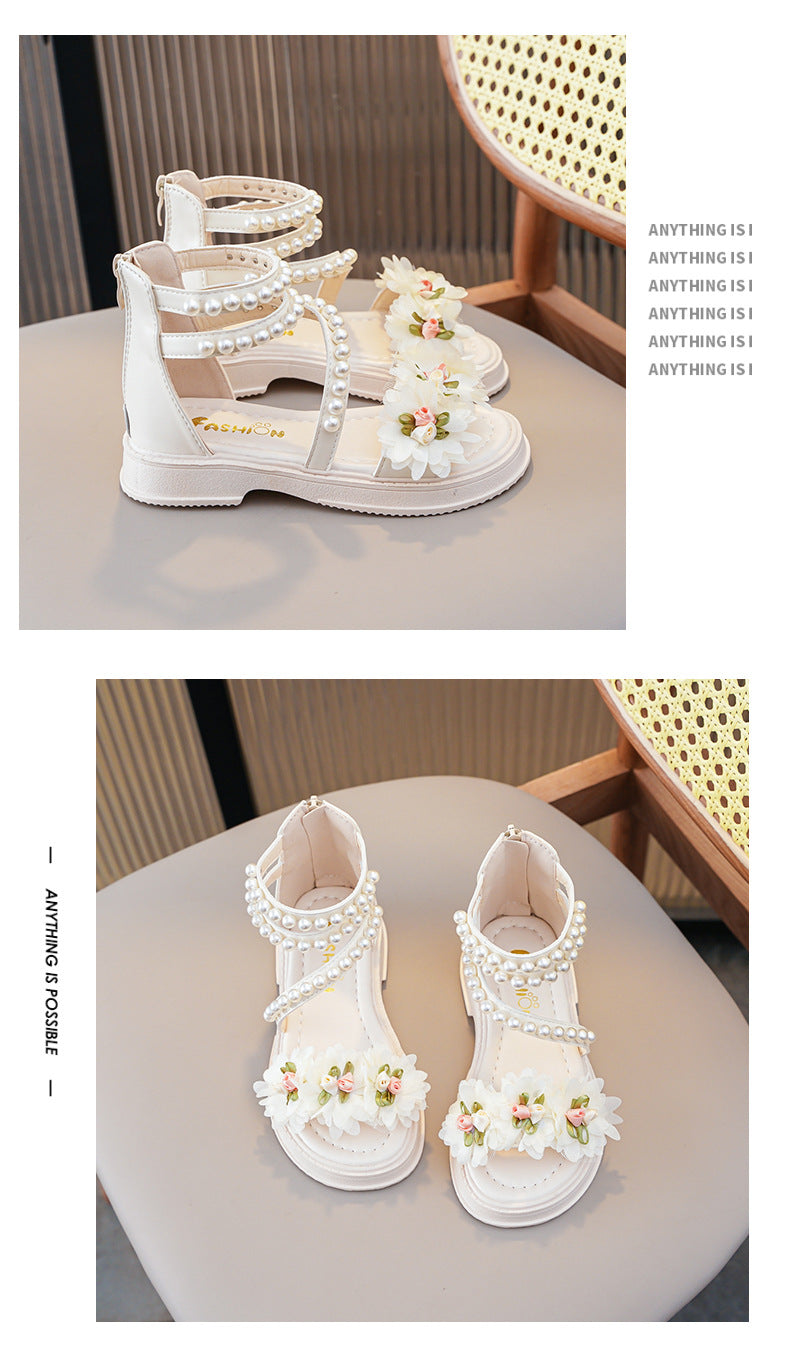New Girls Summer Sandals Beige Flower Pearls Little Girl Princess Shoes Black Soft Bottom Non-slip Girls Kid Roman Sandals Shoes