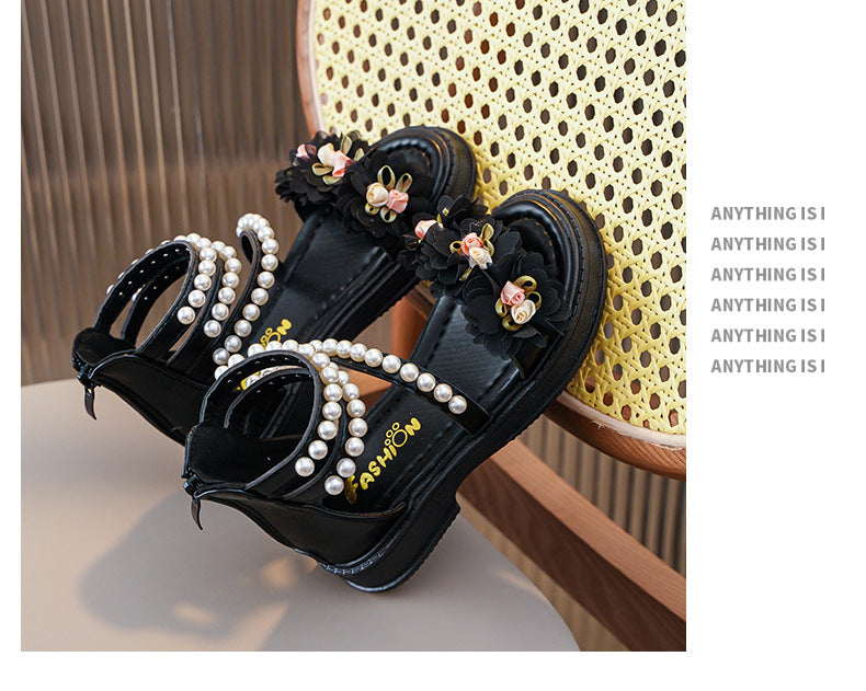 New Girls Summer Sandals Beige Flower Pearls Little Girl Princess Shoes Black Soft Bottom Non-slip Girls Kid Roman Sandals Shoes