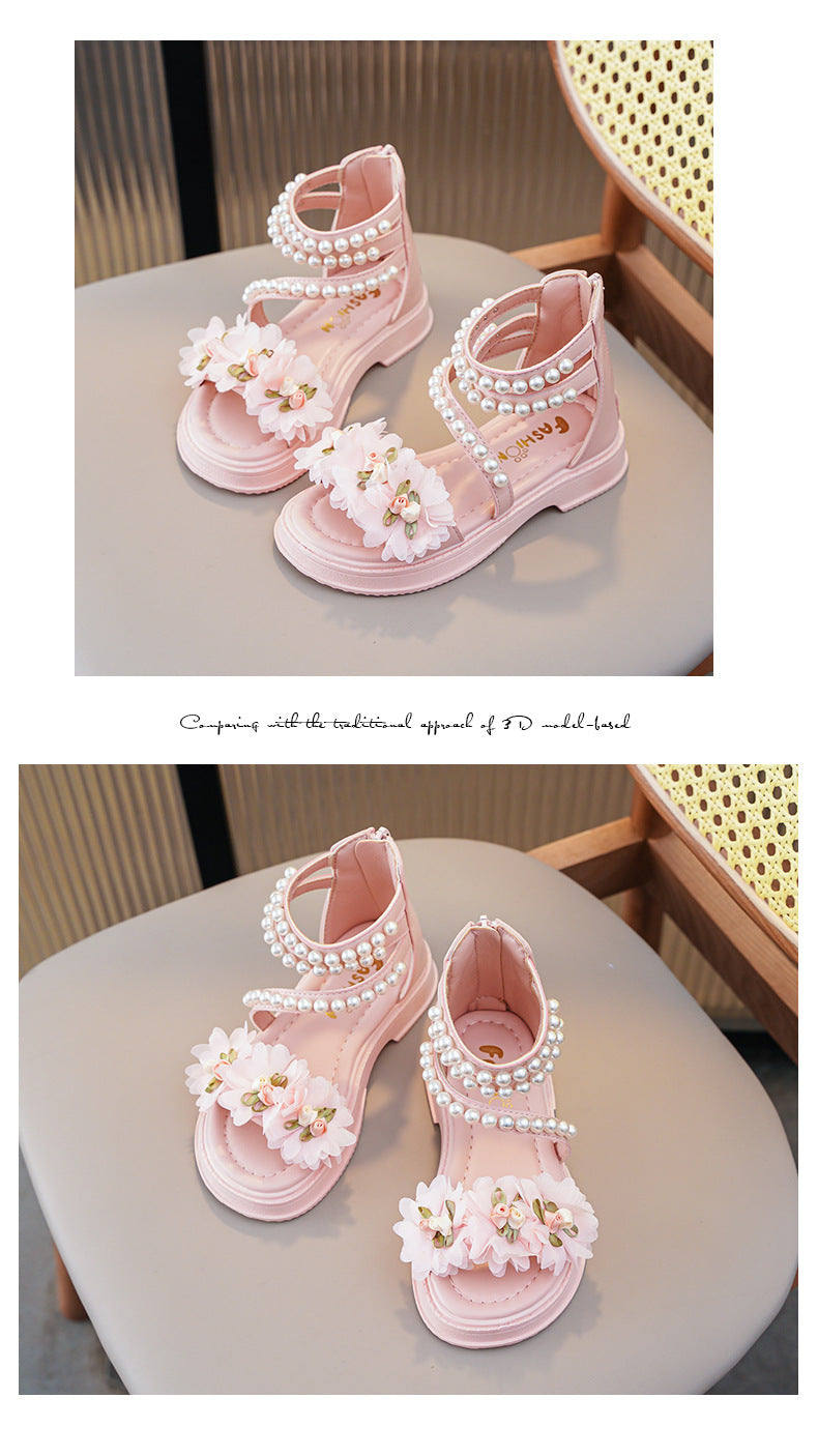 New Girls Summer Sandals Beige Flower Pearls Little Girl Princess Shoes Black Soft Bottom Non-slip Girls Kid Roman Sandals Shoes