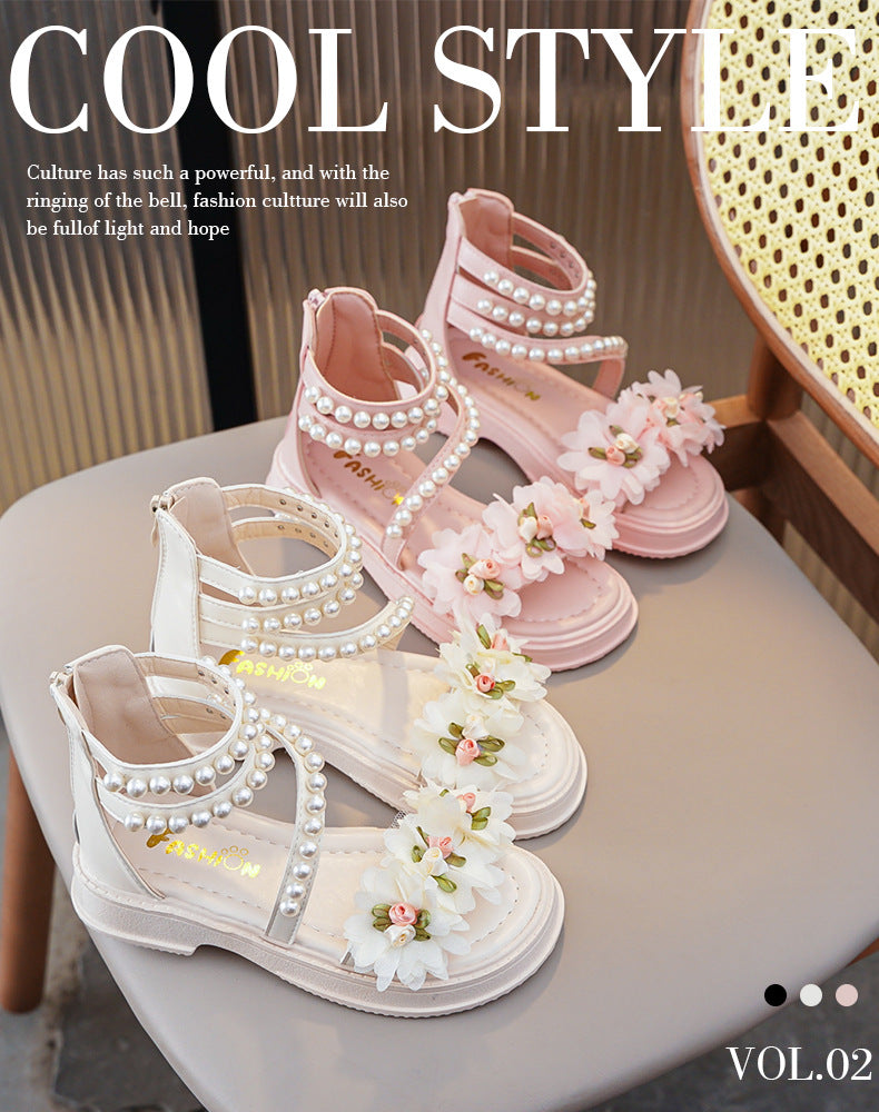 New Girls Summer Sandals Beige Flower Pearls Little Girl Princess Shoes Black Soft Bottom Non-slip Girls Kid Roman Sandals Shoes
