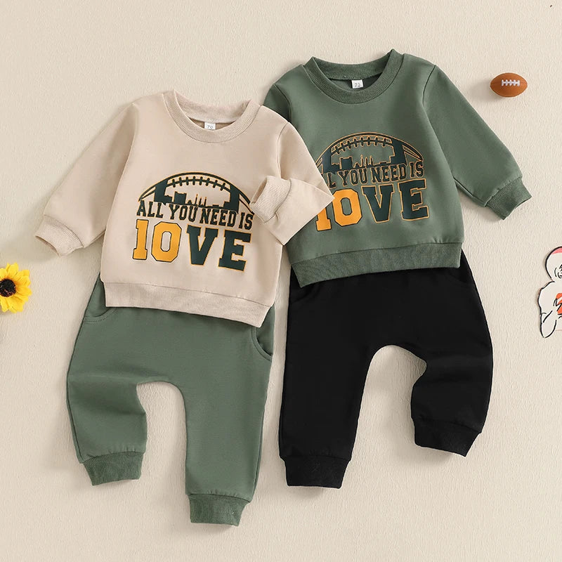 Toddler Unisex Autumn Clothes Set Long Sleeve Round Neck Letter Print Top with Bow Tie Solid Color Trousers for Baby Girl Boy