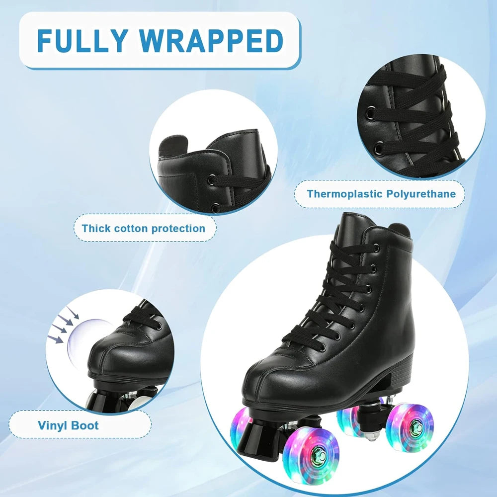 PU Leather Roller Skates Skating Shoes Sliding Inline Quad Skates Sneakers Training Europe Size 4 Wheels Flash Roller Skate