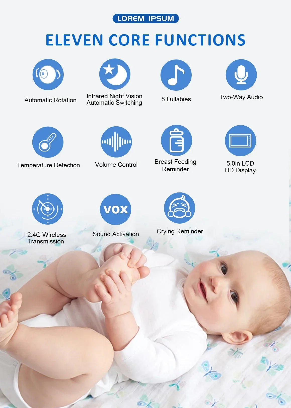 5Inch Video Baby Monitor With Pan Tilt  Surveillance IPS Screen Camera Two Way Audio Night Vision Intercom Auto Nanny with Stand
