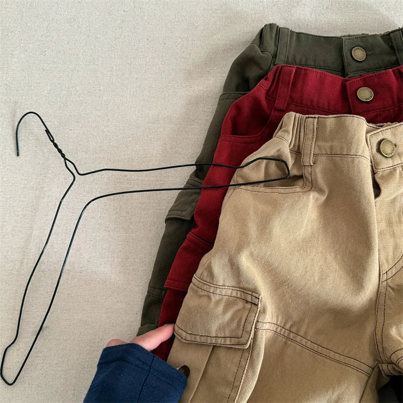 2025 Spring New Children Cargo Pants Cotton Boys Casual Pants Solid Versatile Baby Girls Loose Trousers Kids Wide Leg Pants