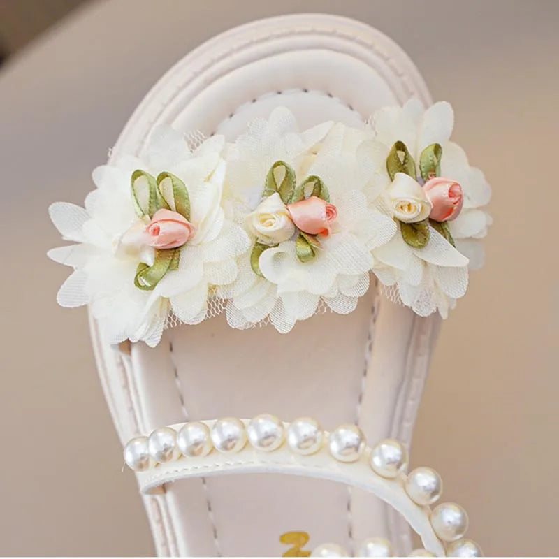 New Girls Summer Sandals Beige Flower Pearls Little Girl Princess Shoes Black Soft Bottom Non-slip Girls Kid Roman Sandals Shoes