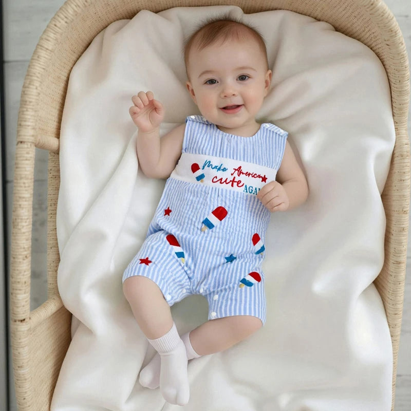 Toddler Girls 4th of July Romper Sleeveless Round Neck Popsicle Print Striped Jumpsuit with Embroidered Letters
