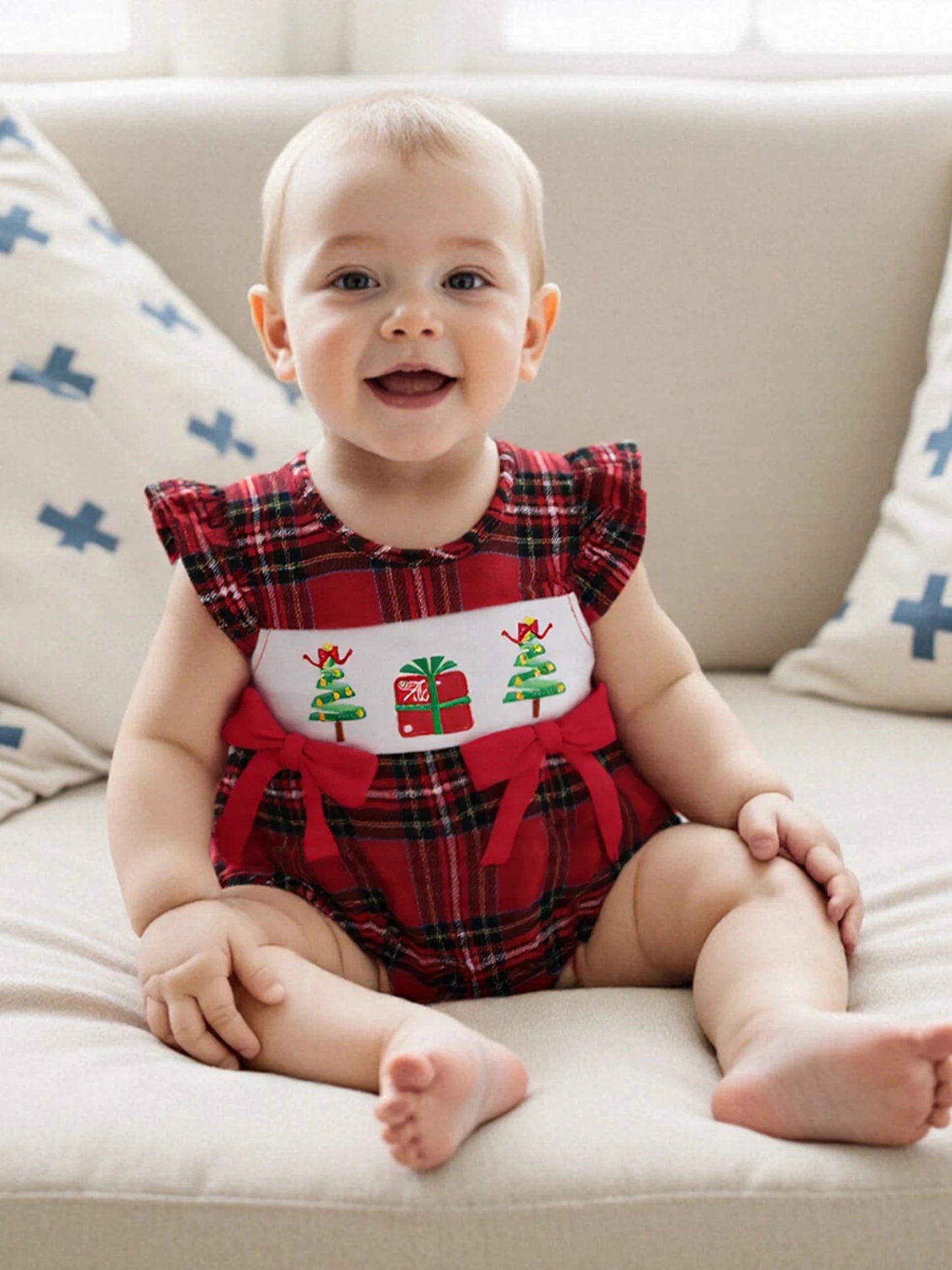 Baby Girl Summer Romper Casual Christmas Tree Embroidery Plaid Print Fly Sleeves Jumpsuit for Newborn Cute Clothes
