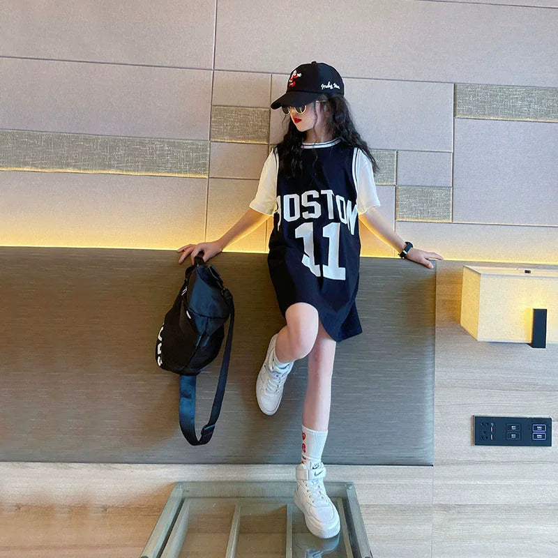 Girls T-shirt Summer Teenagers Short Sleeve Tops Tees Sport Kids School Costume Children Long Clothes 4-12 Years Old